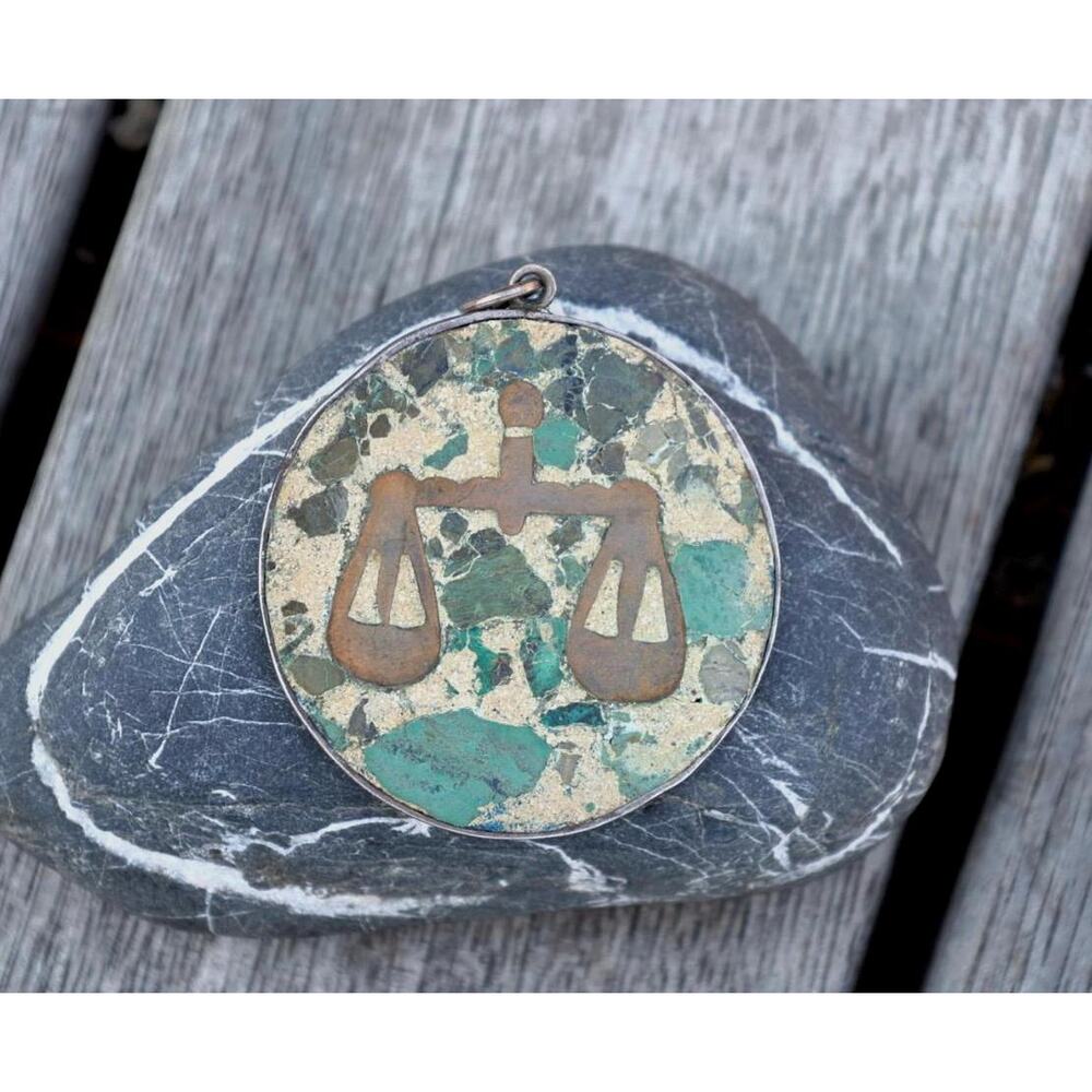 Sterling Silver Libra Zodiac Pendant | Crushed Turquoise Malachite Mosaic,